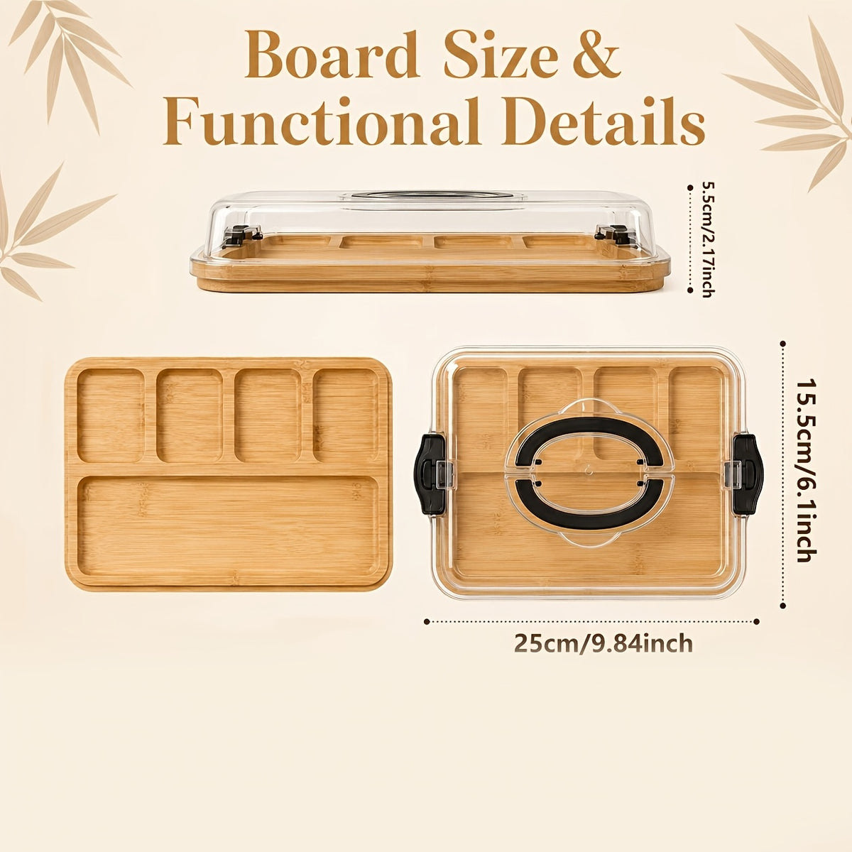 Bamboo Charcuterie Board with Clear Lid & 5 Compartments – Serving Platter Tray with Handle, Side Locks & Reusable Snack Board for Cheese, Fruit, Crackers, Appetizers, Party & Holiday Gatherings