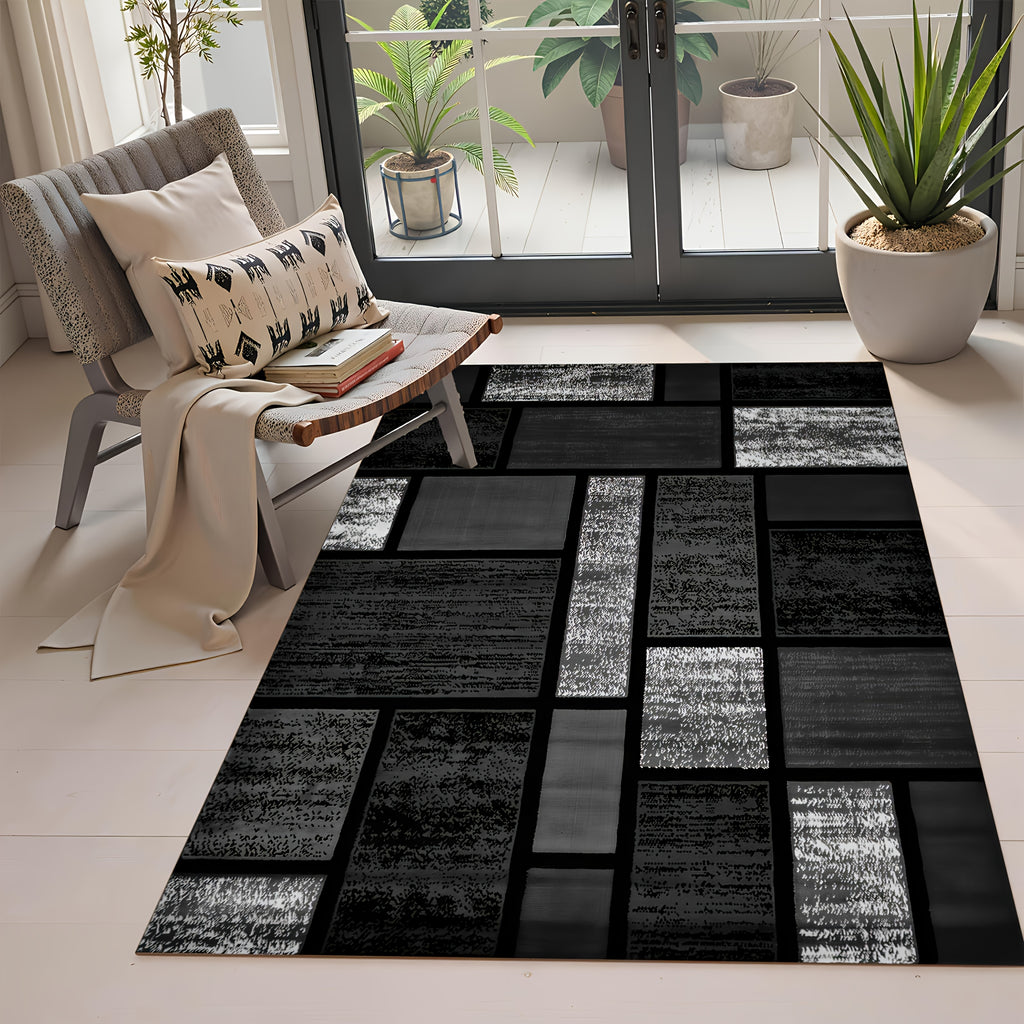 Modern Bohemian Geometric Area Rug - Grey and Black Thick Rectangular Large Carpet Soft Non-Slip Machine Washable for High-Traffic Areas and Bedrooms