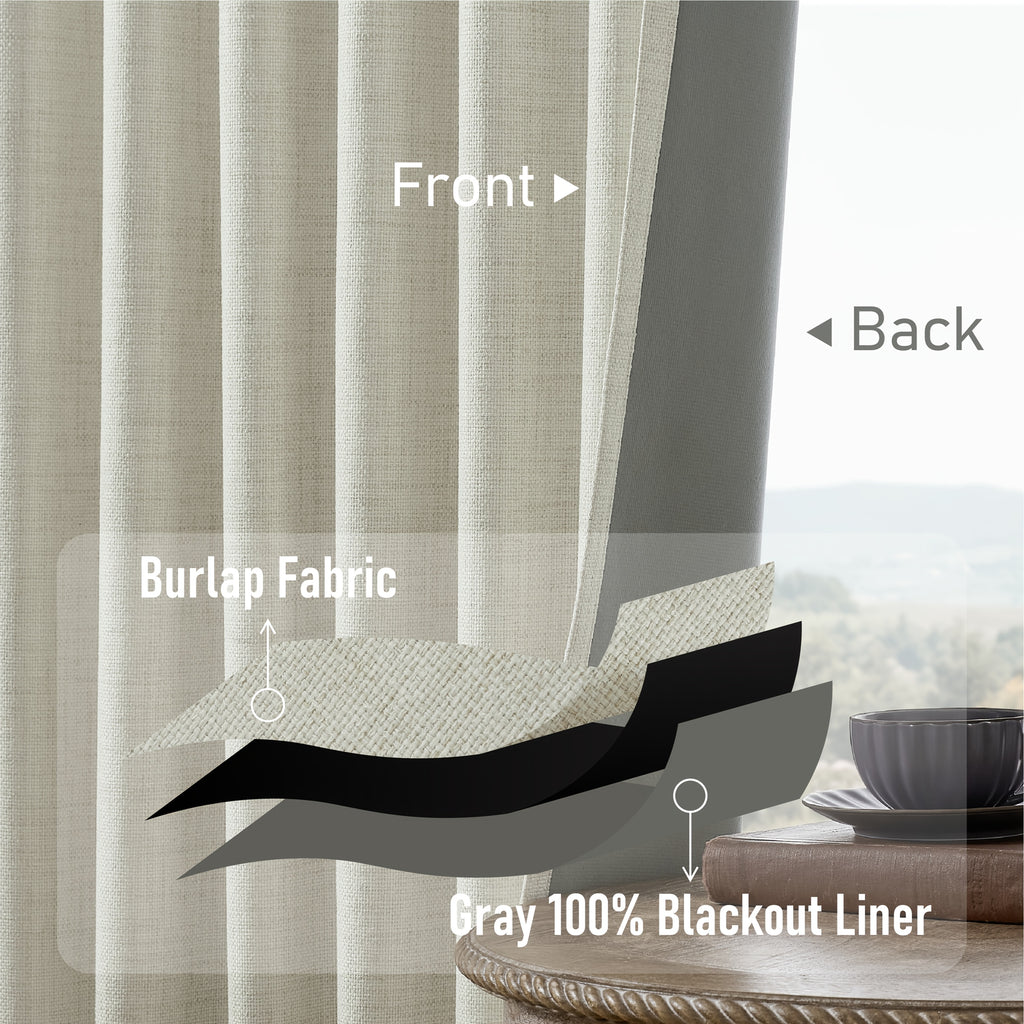 Faux Linen Blackout Curtains 2 Panels for Bedroom & Living Room – 100% Blackout, Back Tab & Rod Pocket, Thermal Insulated Farmhouse Drapes