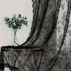 Vintage Lace Door Curtain with Wave Edge – Semi-Sheer Floral Embroidered Rod Pocket Panel for Home, Hallway & Outdoor | White, Black & Green