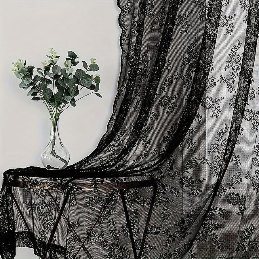 Vintage Lace Door Curtain with Wave Edge – Semi-Sheer Floral Embroidered Rod Pocket Panel for Home, Hallway & Outdoor | White, Black & Green