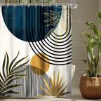 Bohemian Abstract Shower Curtain 72”×72” – Moon Phase Leaf Geometric Watercolor Bathroom Curtain | Boho Mid-Century Aesthetic Shower Decor in Blue & Green
