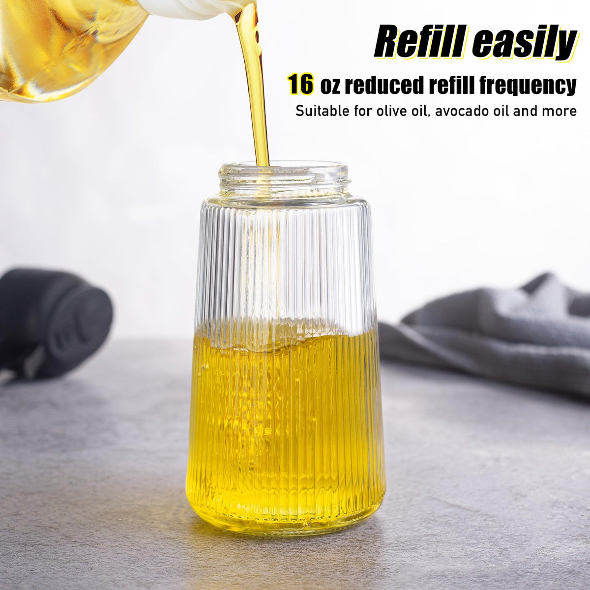 16oz Glass Oil Dispenser Bottle 2-in-1 Spray & Pour – Ribbed Olive Oil Sprayer for Kitchen Cooking, Refillable Glass Oil Spritzer with Leak-Proof Pourer, 1pc or 2pcs