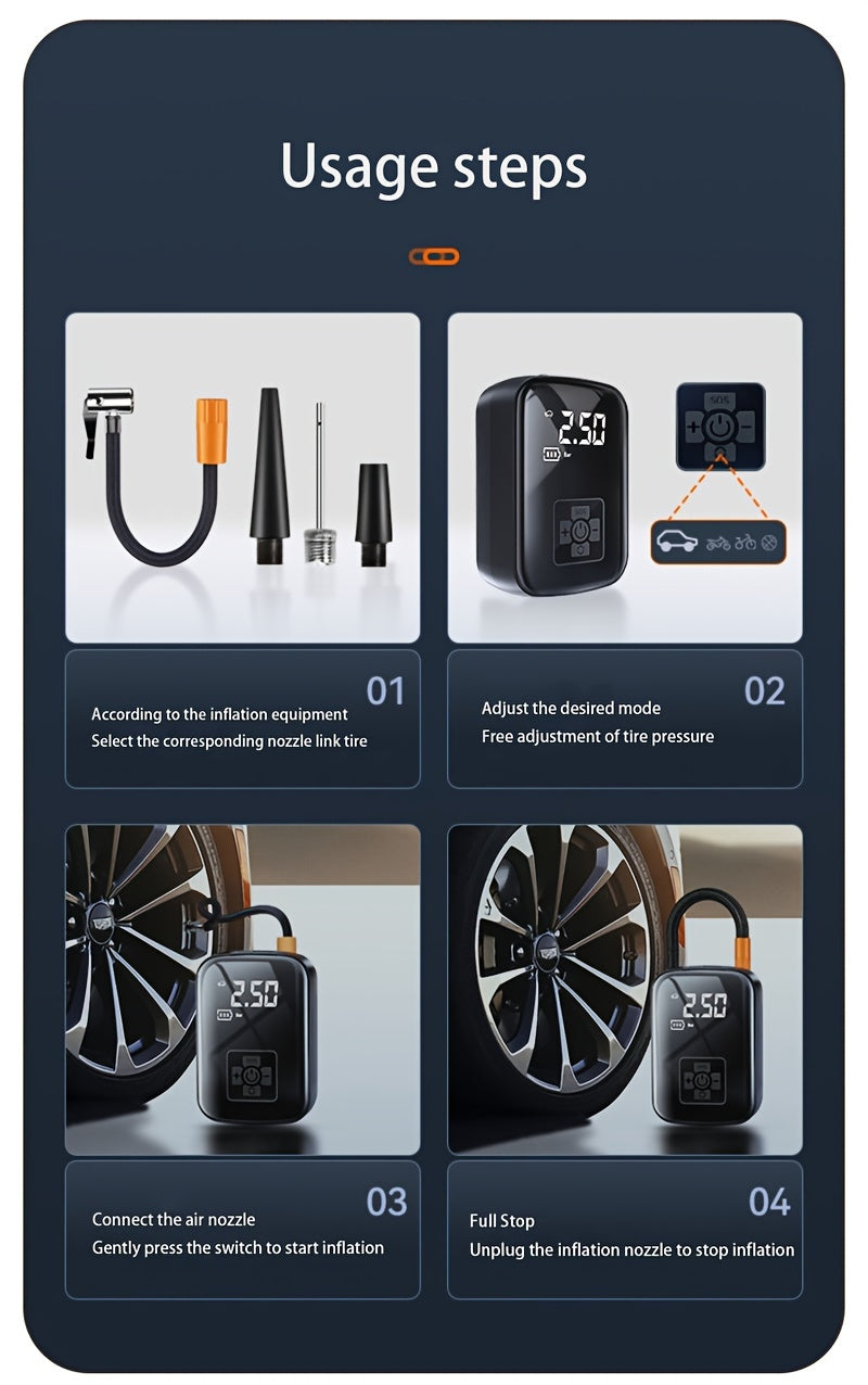 Portable Tire Inflator Cordless Air Compressor – 100W Digital Display, 4000mAh USB-C Fast Charge, 5 Modes, Multi-Nozzle, for Car Motorcycle Bicycle Tires & Sports Balls, 6 Colors