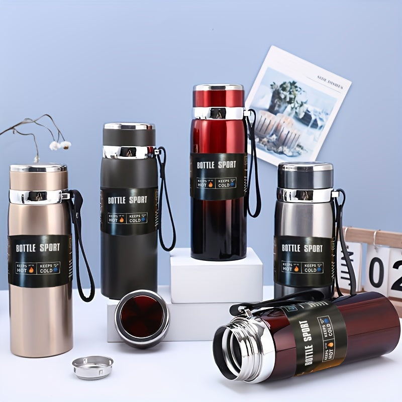 316 Stainless Steel Insulated Water Bottle 800ml/27oz with Carrying Sling - Keeps Cold 24 Hrs & Hot 10 Hrs, Portable Travel Bottle for Camping Hiking Driving, Gradient Blue Red Steel