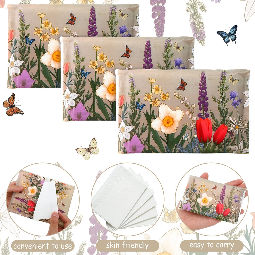 Pocket Facial Tissue Packs 50 Pack, 500 Sheets 3-Ply Disposable Travel Tissues Slim Design with Retro Flower Pattern, Perfect for Purse Weddings Guests & Home Decor