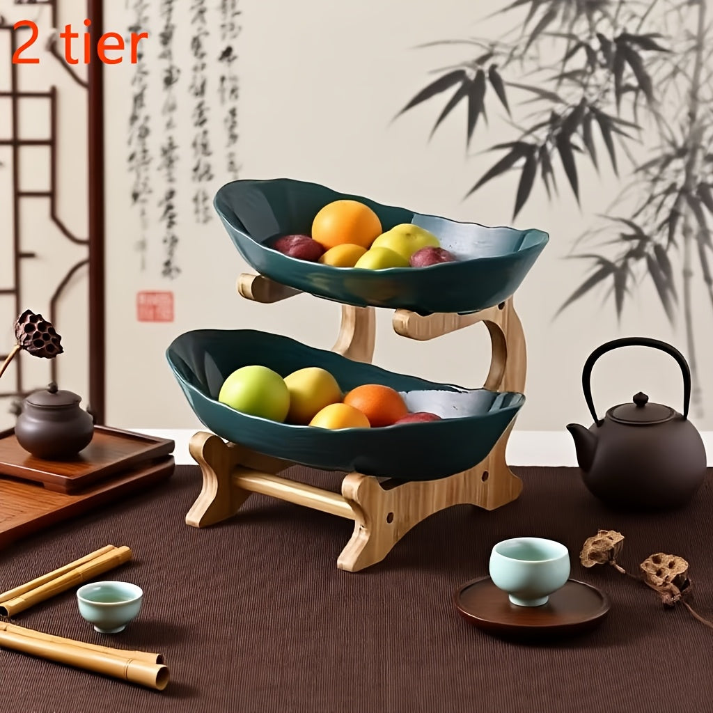 Stackable Tiered Fruit Plate with Wood-Look Design, 2 or 3 Tier Plastic Serving Tray Stand for Snacks, Bread & Fruit, Space-Saving Living Room Kitchen Countertop Organizer, Easy to Assemble