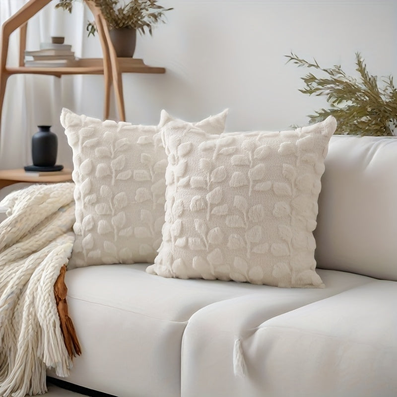 Eucalyptus Leaf Faux Plush Jacquard Pillow Covers Set of 2, 18x18 Inch Boho Cottage Quilted Cushion Cover with Zipper, Machine Washable, White & Khaki, Bedroom Sofa Home Decor