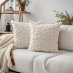 Eucalyptus Leaf Faux Plush Jacquard Pillow Covers Set of 2, 18x18 Inch Boho Cottage Quilted Cushion Cover with Zipper, Machine Washable, White & Khaki, Bedroom Sofa Home Decor