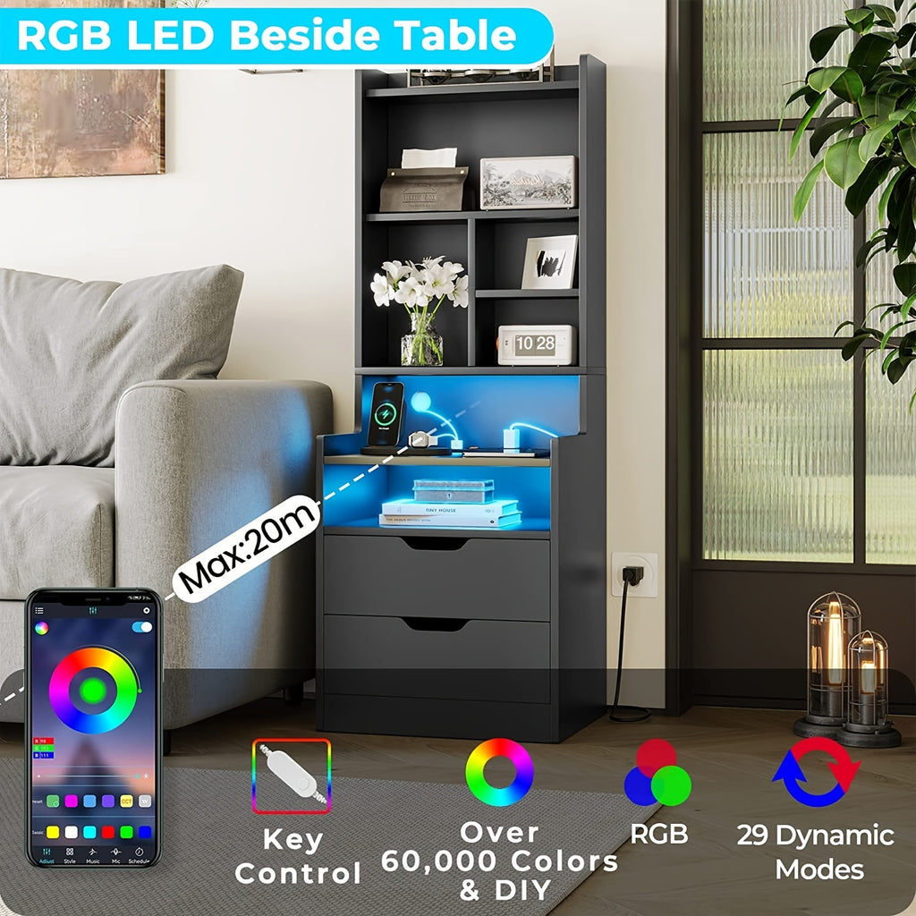 Tall Nightstand with LED Lights & Charging Station | 2 Drawers, Bookshelf & Storage Shelves, 50" Bedside End Table – Gray & Black