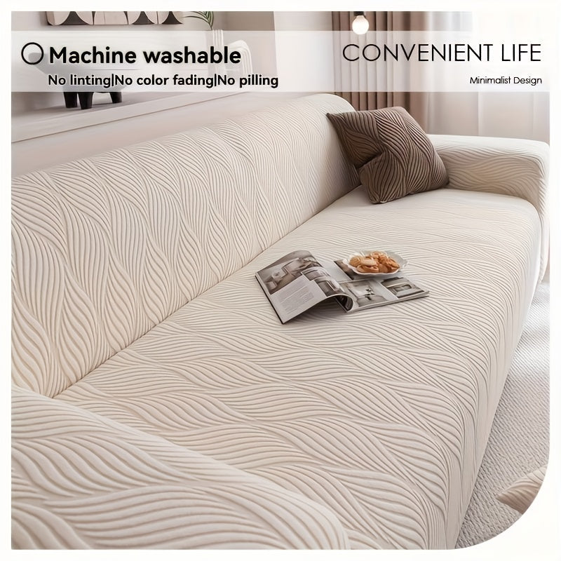 Jacquard Elastic Sofa Cover – Modern Artistic Slip-Resistant Couch Slipcover | All-Season Polar Fleece Furniture Protector for Living Room, Office & Bedroom | Includes Free Pillow Cover | 1-4 Seater