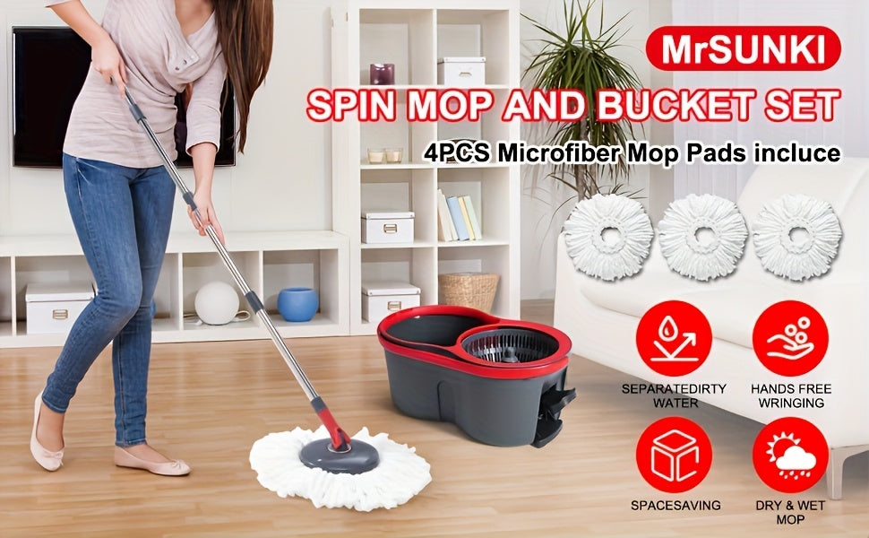 Foot Pedal 360° Rotating Spin Mop and Bucket Set with Twister – 4 Washable Microfiber Heads, Hands-Free Wringing, Wet & Dry Floor Cleaning for Home