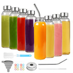 18oz Glass Juice Bottles with Stainless Steel Lid – Leakproof Reusable Clear Bottles for Juice, Beverage, Fridge & Travel | 6-Pack & 8-Pack
