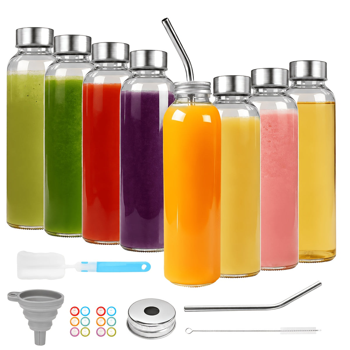 18oz Glass Juice Bottles with Stainless Steel Lid – Leakproof Reusable Clear Bottles for Juice, Beverage, Fridge & Travel | 6-Pack & 8-Pack