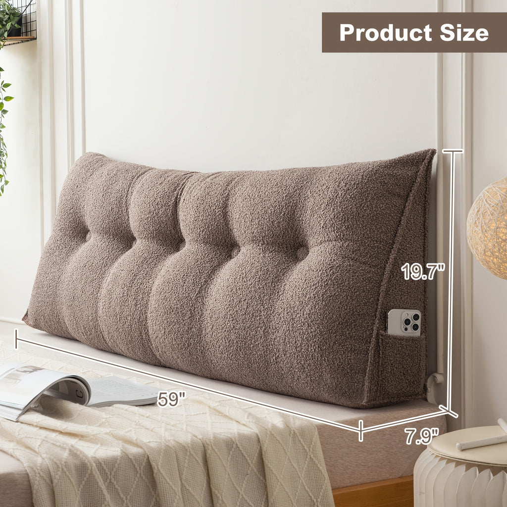 Wedge Headboard Pillow with Side Pocket Triangular Bed Reading Backrest Bolster, Teddy Velvet Removable Washable Cover Bed Gap Filler for Twin Queen King, 7 Colors