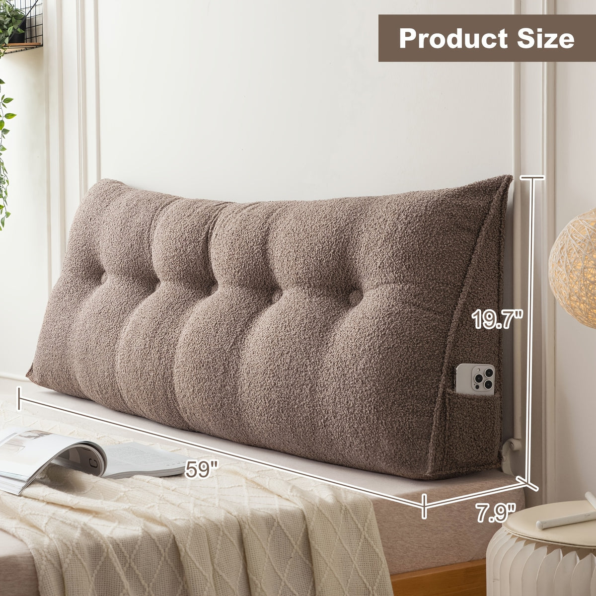 Wedge Headboard Pillow with Side Pocket Triangular Bed Reading Backrest Bolster, Teddy Velvet Removable Washable Cover Bed Gap Filler for Twin Queen King, 7 Colors