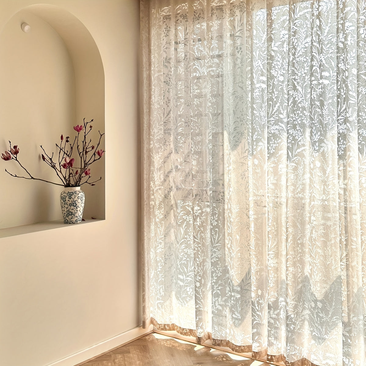 French Tulle Sheer Curtains 2 Panels Cream Hollow Princess Style – Romantic Translucent Rod Pocket Drapes for Living Room Bedroom Balcony Wedding, 5 Sizes