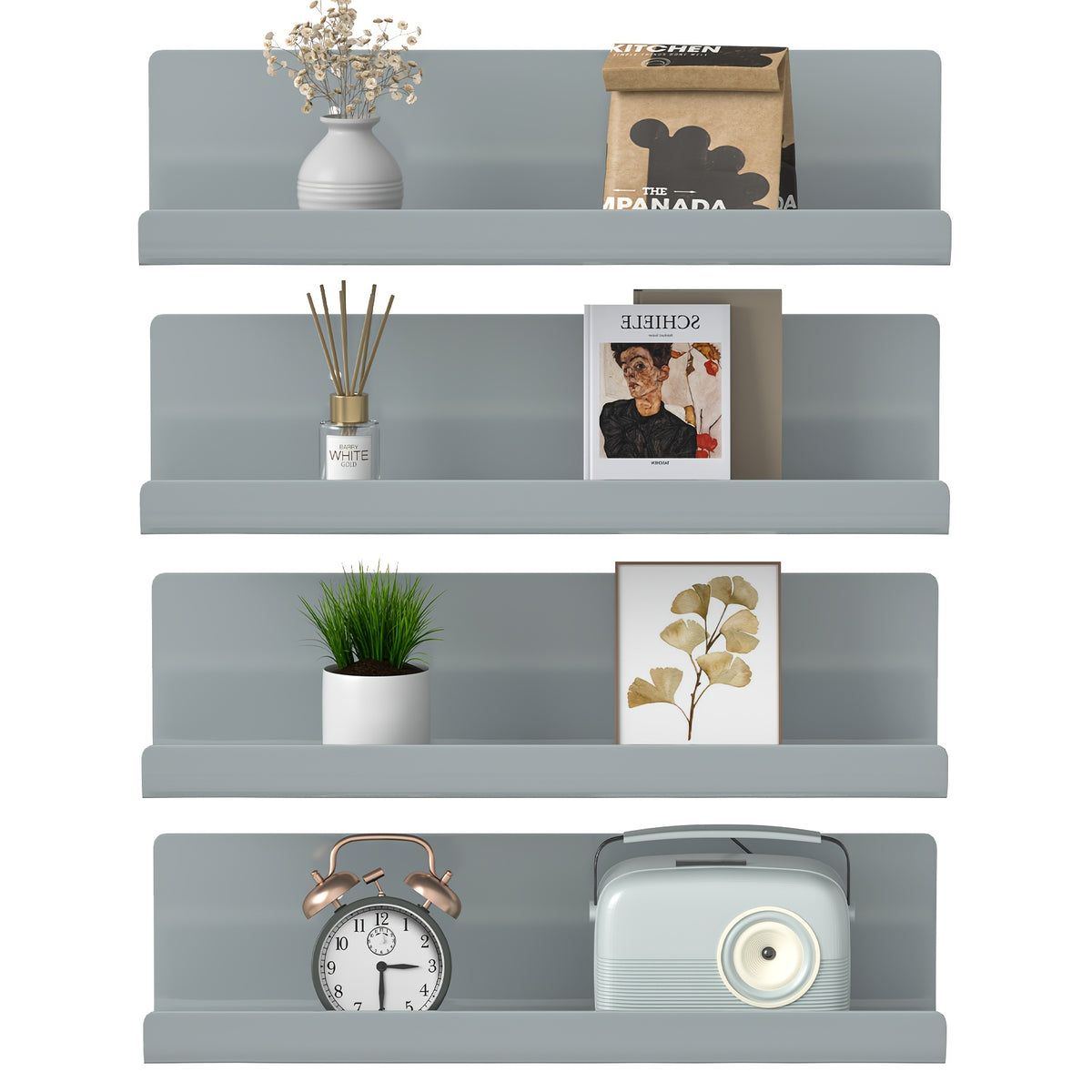 Floating Shelves Set of 4 Wall Mounted Shelves – Picture Ledge Display Shelf for Living Room, Bedroom, Bathroom, Kitchen & Home Office – Decorative Wall Shelves in White, Black, Grey & Pink