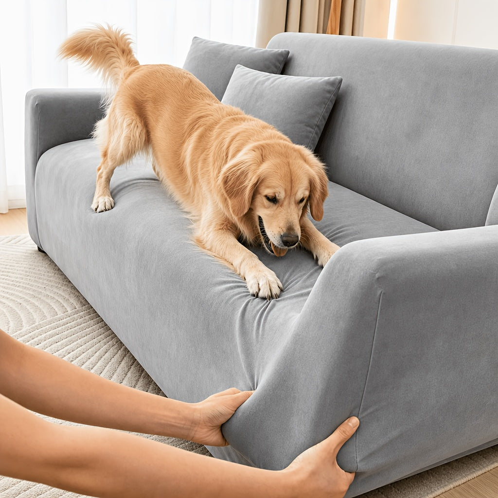Velvet Stretch Sofa Cover Slipcover – Thick High-Elasticity Plush Couch Cover for L-Shape 1 2 3 4 Seater, Polyester Spandex Furniture Protector with Pillowcase for Living Room