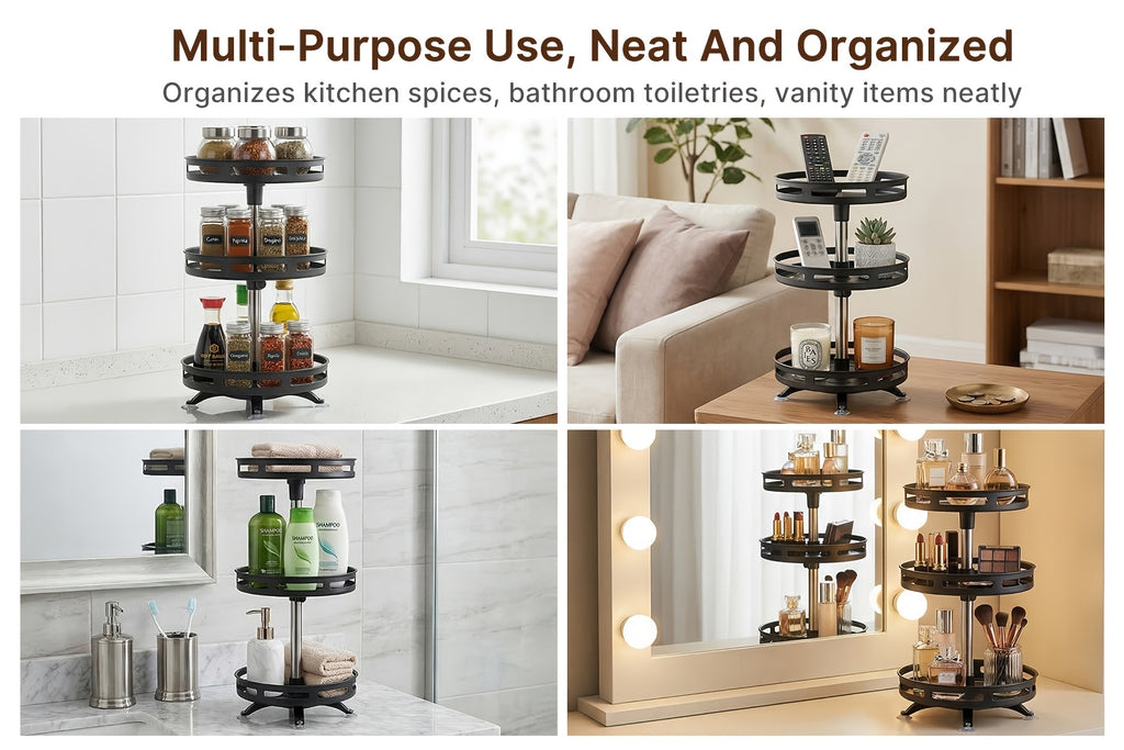 3 Tier Rotating Spice Rack Organizer Metal Turntable for Kitchen Countertop - Spinning Spice Jar Seasoning Storage Rack Black