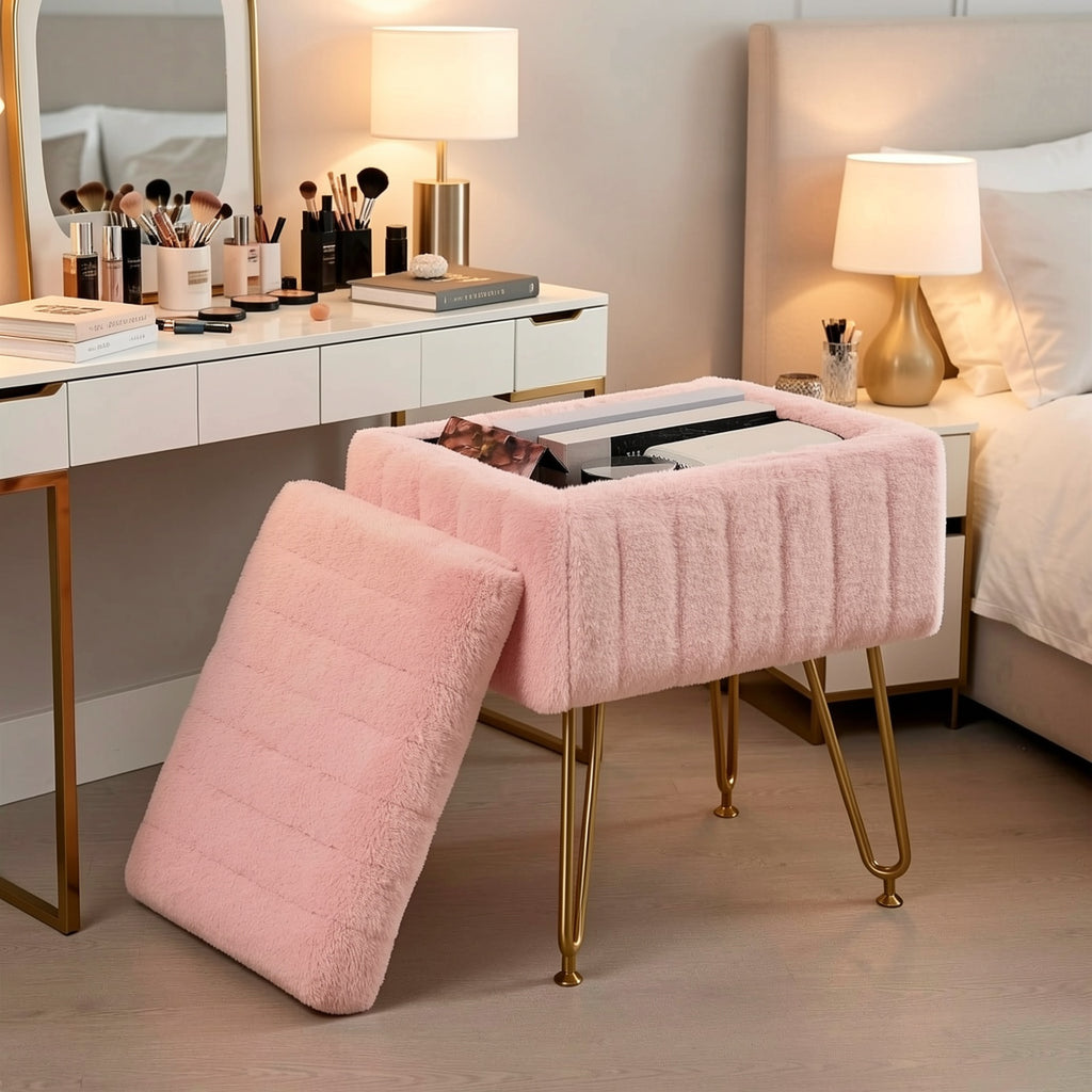 Vanity Chair with Storage PU Leather Makeup Stool Shoe Changing Ottoman Dual Purpose Seat 4 Gold Metal Legs Bedroom Living Room Study Cream White Black Pink Purple