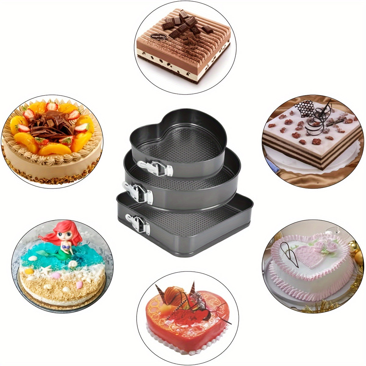 Non-Stick Springform Cake Pan Set - Carbon Steel Round & Heart-Shaped Baking Pans with Removable Bottom, Easy-Release, 3pc or 6pc Set, Black