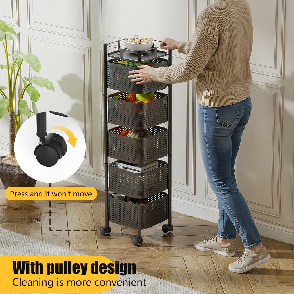 Rolling Kitchen Cart 5 Tier 360° Rotating Storage Organizer, Extra Large Standing Shelf with Locking Wheels & Removable Baskets for Pantry, Living Room & Office, Square Black