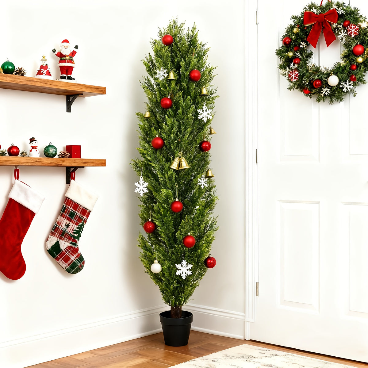 Artificial Pine Tree Set of 2 – Faux Greenery Shaped Christmas Trees for Indoor & Outdoor, Courtyard, Front Door & Holiday Decor
