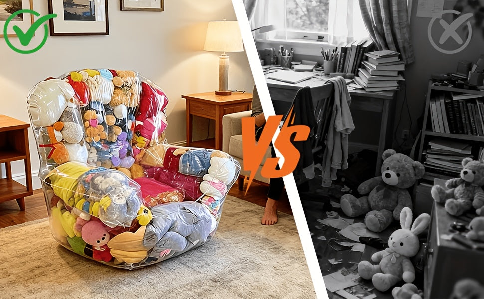 Stuffed Animal Storage Bean Bag Chair – Transparent PVC Plush Toy Organizer Sofa for Kids Room & Playroom, Large Capacity Doll Storage, Easy to Clean, Available in Round Bag & Sofa Styles