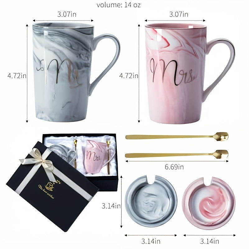 Mr and Mrs Mugs Couples Wedding Gift – 14oz Ceramic Marble Cups for Bride & Groom – Bridal Shower, Engagement, Anniversary & Newlywed Gift Set