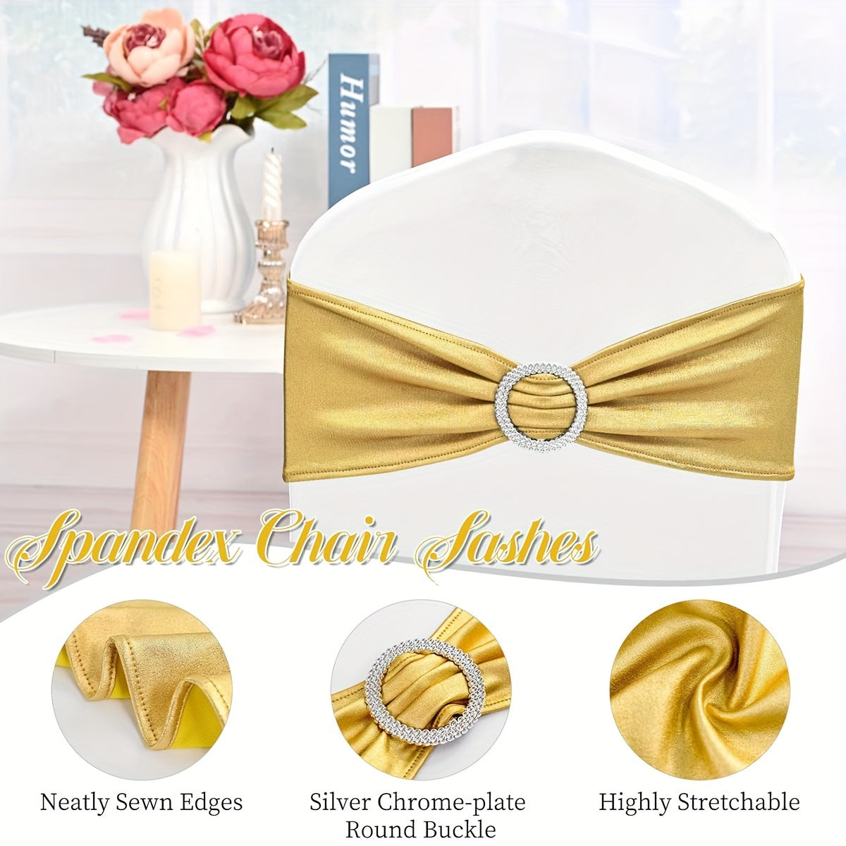 100pcs Metal Spandex Chair Bow Buckle Sliders – Stretchable Elastic Seat Strap Fasteners for Wedding, Party & Banquet Chair Decorations | Gold, Silver, Rose Gold & More
