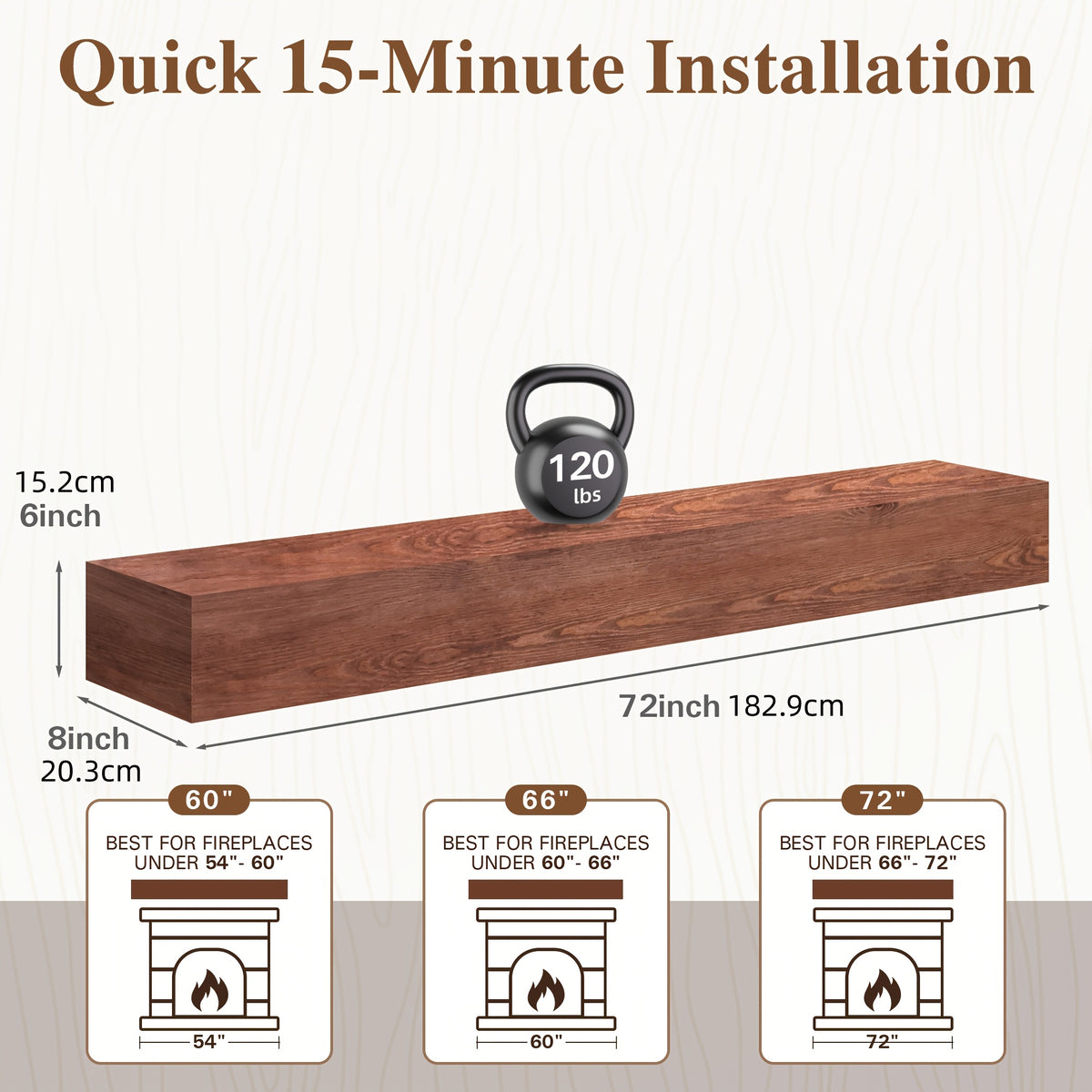 Wood Fireplace Mantel Floating Shelf – Heavy Duty Invisible Bracket | Wall Mounted Mantel for Over Fireplace | 5 Colors, 2 Lengths