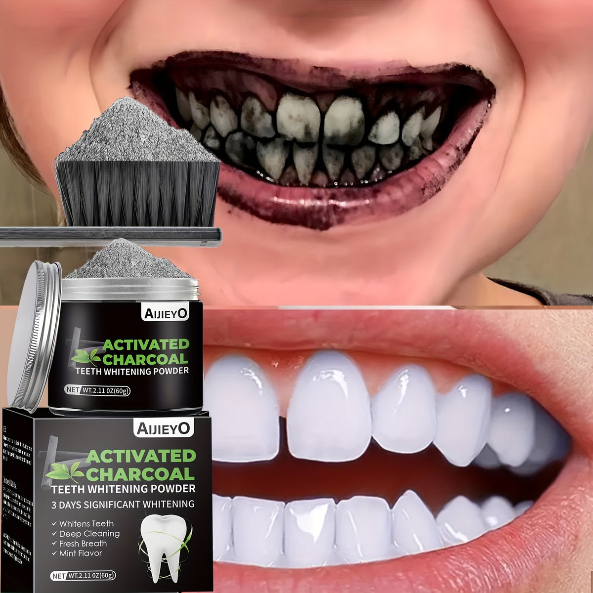 Activated Charcoal Teeth Whitening Powder Natural Brightening Tooth Polish Deep Cleaning Plaque Remover Mint Flavor Fresh Breath Daily Use 60g