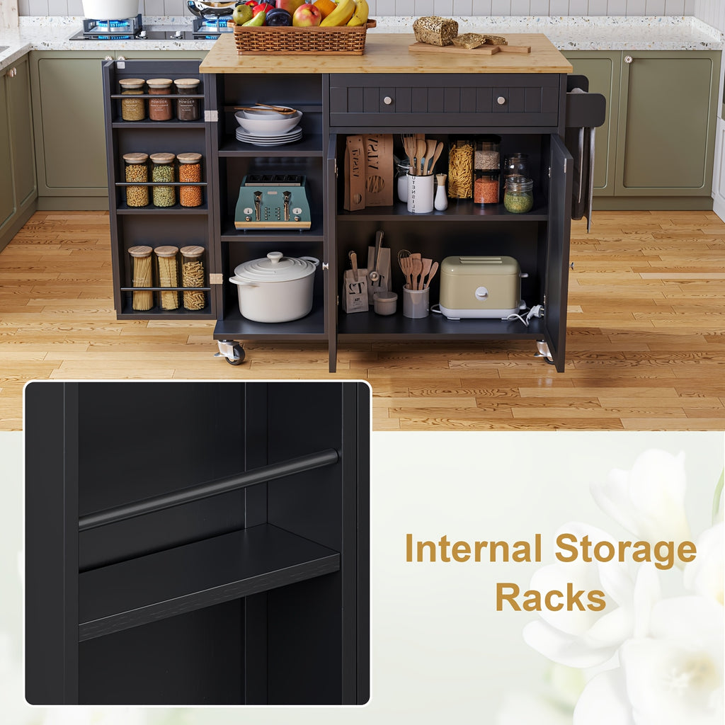 Kitchen Island Cart with Drop Leaf & Rolling Wheels – Storage Cabinet, Spice Rack, Drawer & Towel Rack for Small Kitchens Dining Room