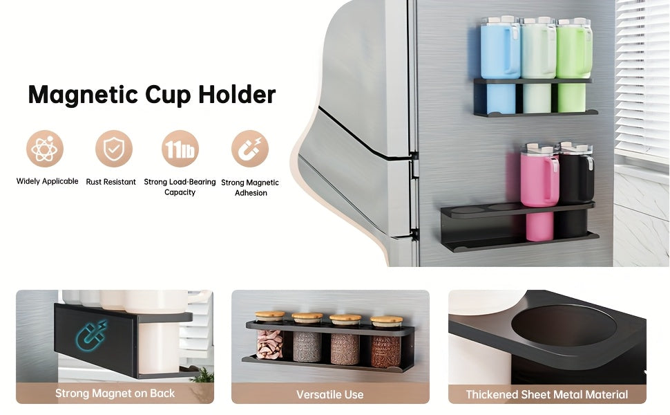 Magnetic Cup Holder for Fridge Heavy Duty Metal Organizer Rack for Tumblers Water Bottles Travel Mugs Drinkware - Magnetic Fridge Cup Organizer for Kitchen Pantry Cabinet Laundry Room, Black, 1-2 Pack