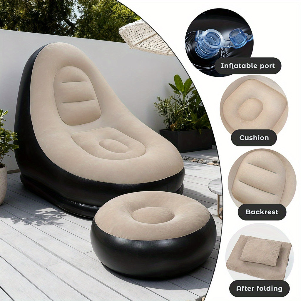 Inflatable Lounge Chair Recliner with Footrest & Foot Pump – Portable Air Sofa Couch for Living Room, Camping, Travel & Balcony, Space-Saving Indoor Outdoor Lounger (6 Colors)