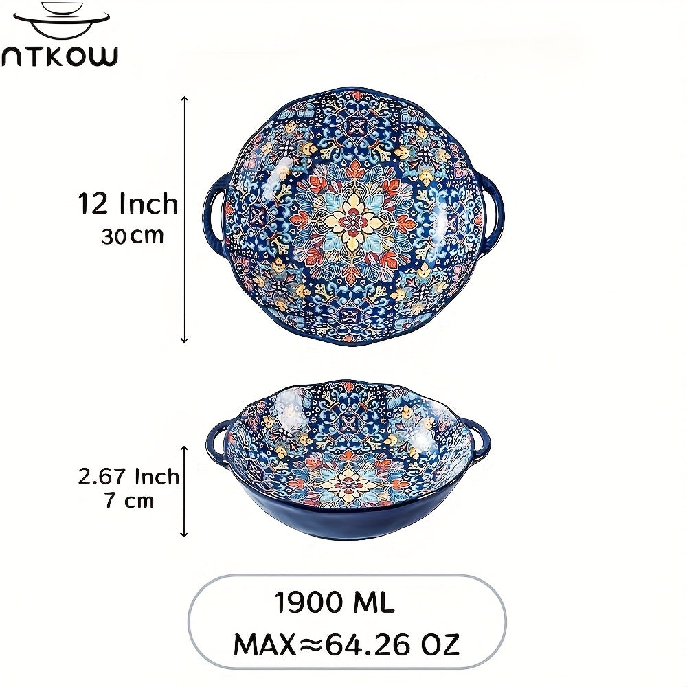 Bohemian Ceramic Salad Bowl 12 Inch with Dual Handles Large Capacity Microwave Safe Dishwasher Safe Oven Proof Porcelain Serving Bowl