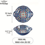 Bohemian Ceramic Salad Bowl 12 Inch with Dual Handles Large Capacity Microwave Safe Dishwasher Safe Oven Proof Porcelain Serving Bowl