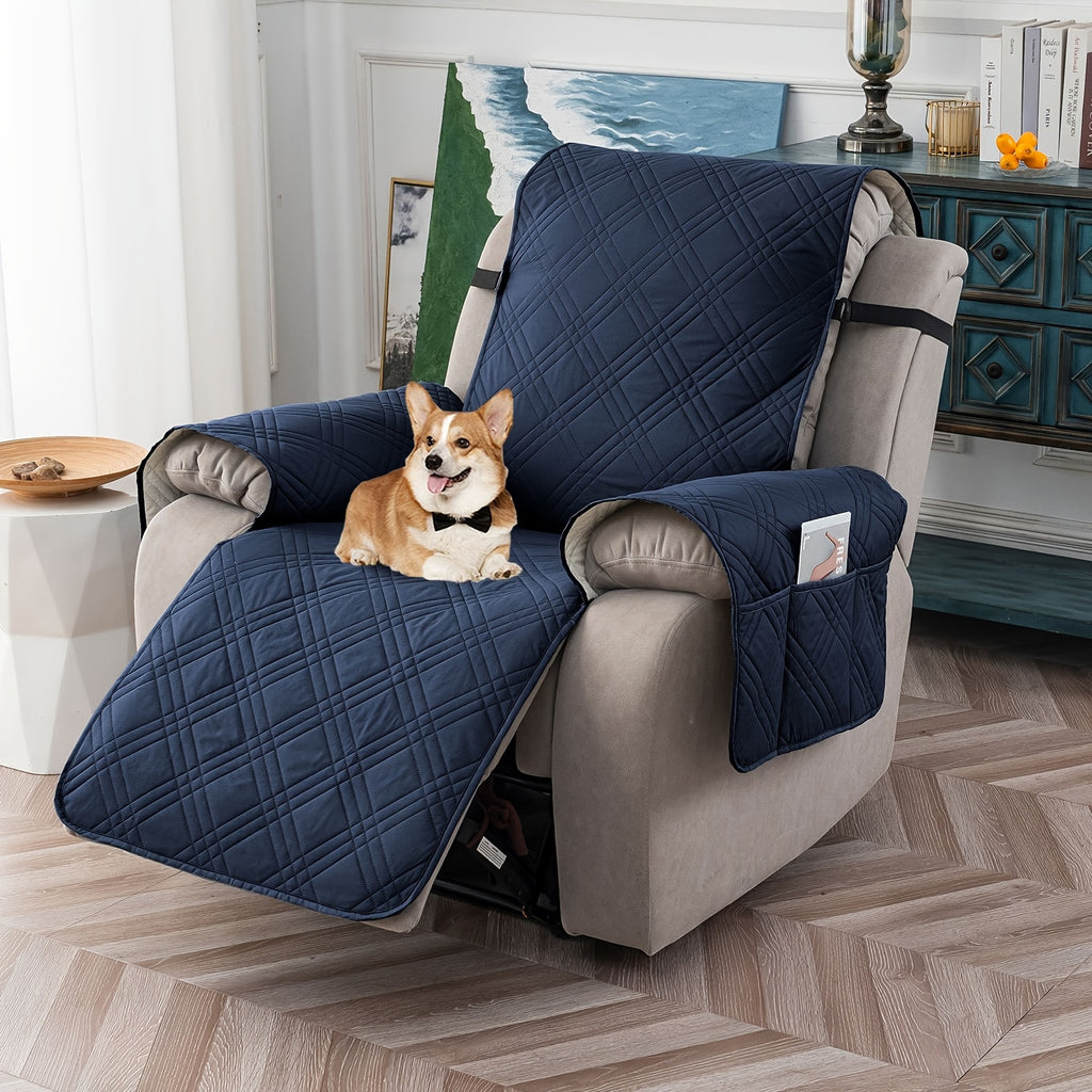 Waterproof Recliner Cover Pet Scratch-Resistant, 5-Layer Quilted Non-Slip Recliner Chair Slipcover with Pocket & Elastic Straps, Easy-Care Polyester Furniture Protector for Living Room, Bedroom & Office, Coffee/Gray