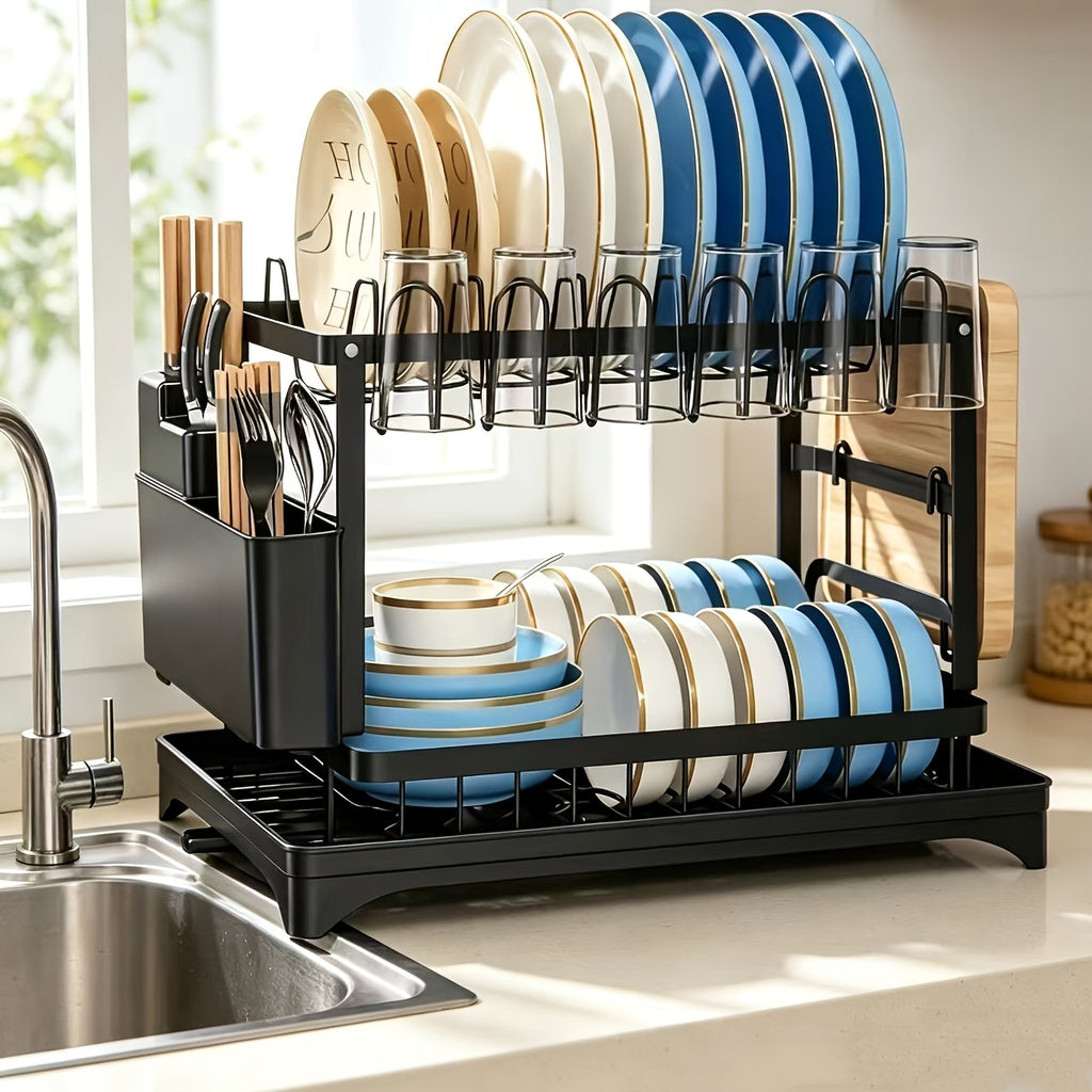 Dish Drying Rack 2-Tier Large Kitchen Counter Dish Rack with Drip Tray Drainage Holder – Dish Drainer for Dishes Knives Cups Cutting Boards