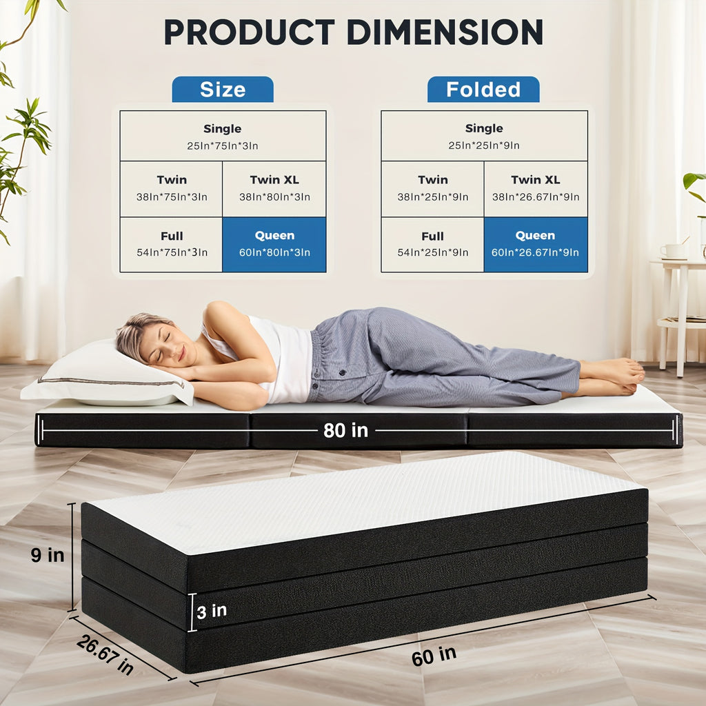 Portable Tri-Fold Memory Foam Mattress | 3" & 4" Foldable Floor Mattress with Washable Cover – Camping, Guest, Floor Sleeping | Single, Twin, Twin XL, Full, Queen