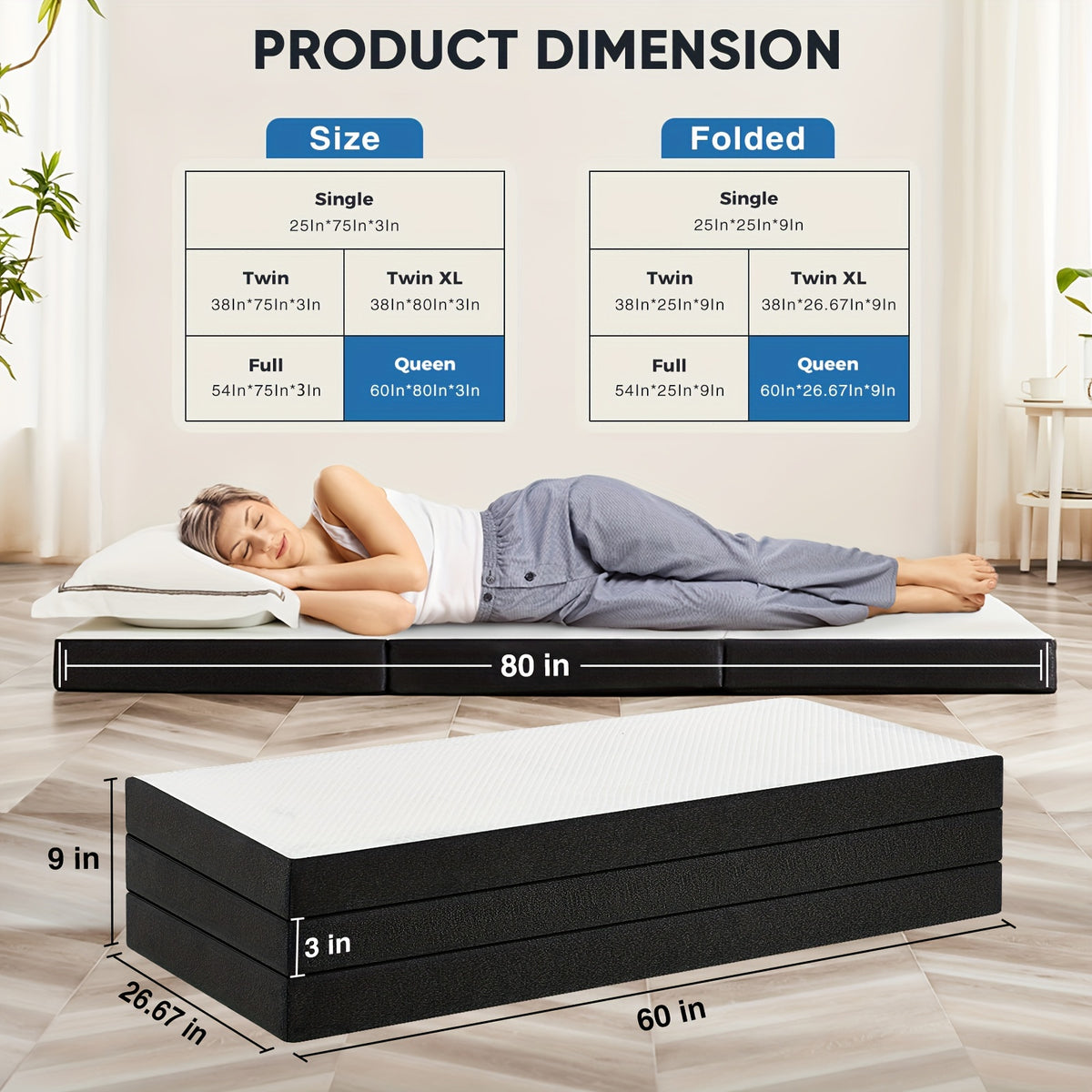 Portable Tri-Fold Memory Foam Mattress | 3" & 4" Foldable Floor Mattress with Washable Cover – Camping, Guest, Floor Sleeping | Single, Twin, Twin XL, Full, Queen