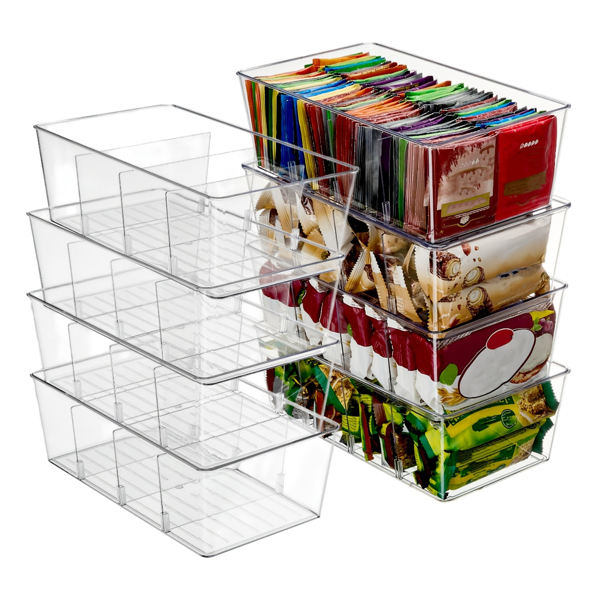 8-Pack Clear Plastic Food Storage Organizer Bins with 4 Compartments – Removable Dividers for Pantry, Kitchen, Fridge & Cabinet Organization of Snacks, Spice Packets & Pouches