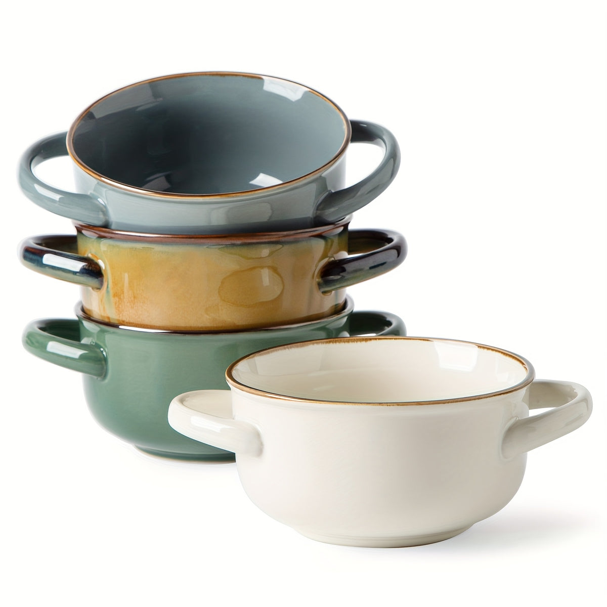 Colorful Ceramic Double-Handled Bowl Set Dopamine Style 28oz Extra-Large – Microwave & Dishwasher Safe for Soup, Salad, Pasta & Ramen – 2 or 4 Piece, Assorted Colors