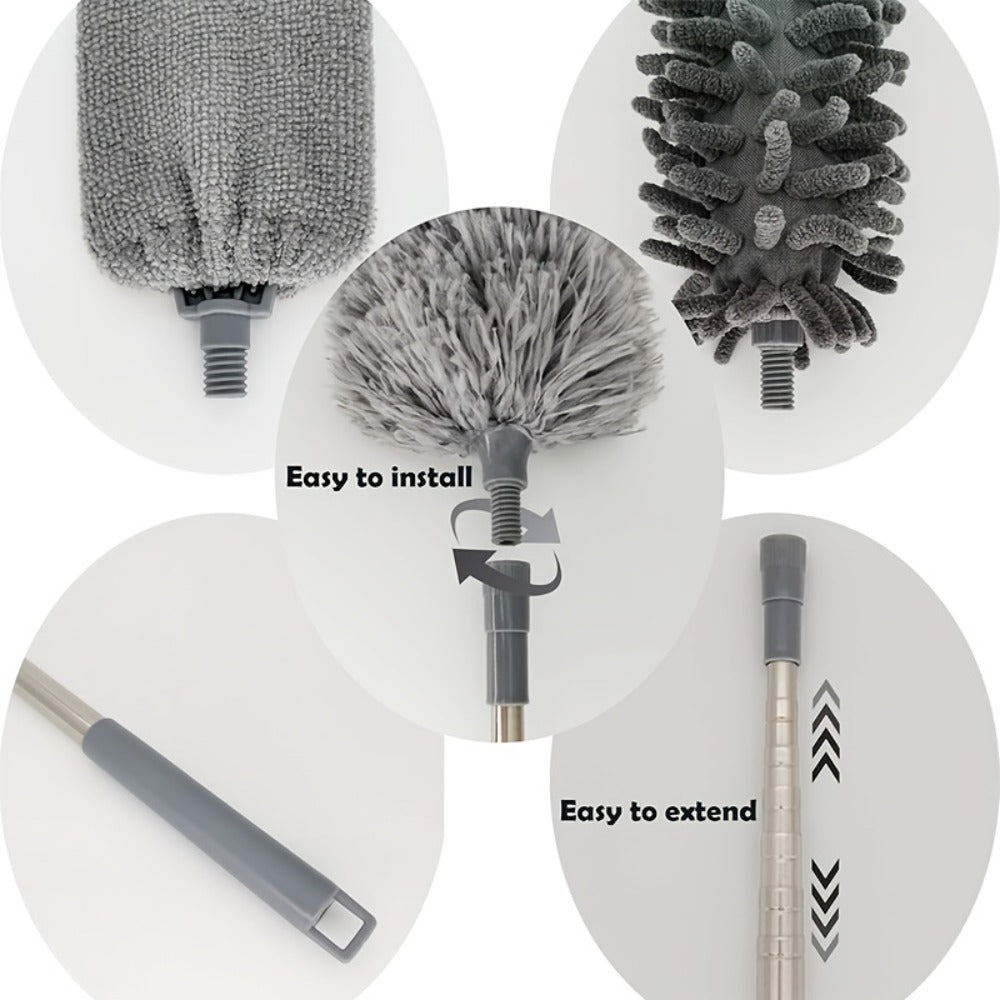 Extendable Microfiber Duster Set 7 Piece, Extra Long 100 Inch Dusting Wand with Stainless Steel Handle, Bendable Corner Broom for Ceiling Cobwebs, Washable & Reusable, Grey