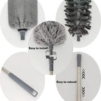 Extendable Microfiber Duster Set 7 Piece, Extra Long 100 Inch Dusting Wand with Stainless Steel Handle, Bendable Corner Broom for Ceiling Cobwebs, Washable & Reusable, Grey
