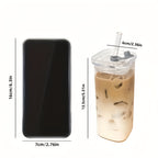 Square Glass Cups with Lids and Straws Set of 6 | Portable Iced Coffee Cups for Office Party Home School Outdoor