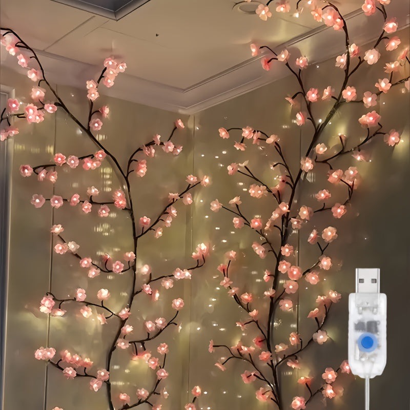 Cherry Blossom LED Chandelier Rattan Light, 96/144 LED USB Powered with 8 Modes – Hanging Flower String Light for Indoor Outdoor Holiday Party, Halloween, Christmas, Valentine’s Day & Seasonal Decor