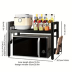 Expandable Microwave Rack Kitchen Counter Organizer – Heavy-Duty Retractable Shelf with 6 Hooks, Chopstick Holder & Cutting Board Slot for Kitchen Worktops