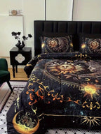 Sun Moon Planet Quilt Set 3 Piece – Golden Celestial Digital Print 180GSM Comforter with 2 Pillowcases, Soft Breathable Bedroom Dorm Decor Bedding King Size